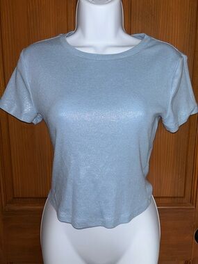 Express Light  Blue Sparkle Short Sleeve Women's Top